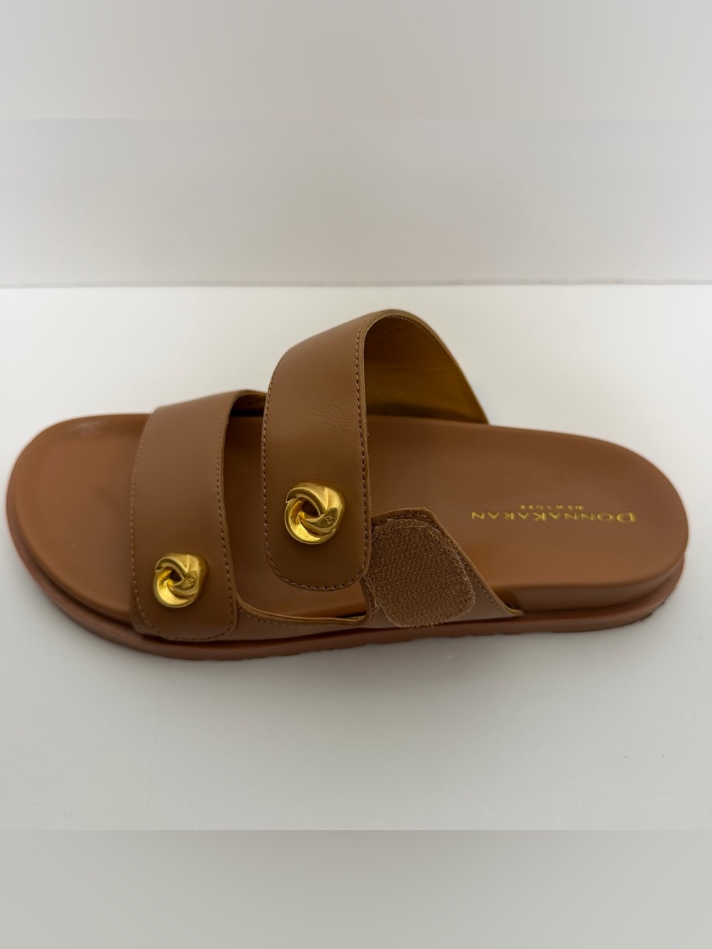Donna Karan Hazley Cognac Leather Slip-On Sandals Double Strap Gold Accents 9 - Picture 13 of 15